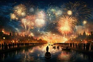 ai generiert spektakulär Feuerwerk Anzeige Über schön Fluss, Feuerwerk Über Nacht Fluss Himmel, Urlaub Hintergrund, hell bunt Beleuchtung ai generiert foto