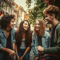 ai generiert Gruppe von jung freunde haben ein gut Zeit, gut Freunde. Spaß mal. von ein Gruppe von freunde Lachen ai generiert foto