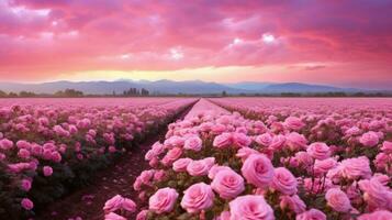 ai generiert Rose Feld im das Sonnenaufgang Morgen mit schön Himmel foto