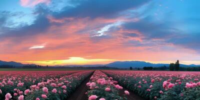 ai generiert Rose Feld im das Sonnenaufgang Morgen mit schön Himmel foto