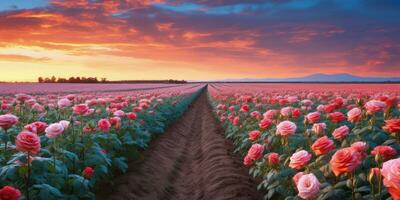 ai generiert Rose Feld im das Sonnenaufgang Morgen mit schön Himmel foto