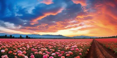 ai generiert Rose Feld im das Sonnenaufgang Morgen mit schön Himmel foto