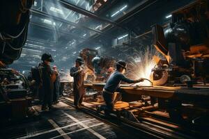 Arbeit Besatzung Arbeiten mit schwer metallurgisch Ausrüstung, jung männlich Techniker Arbeiten im Industrie ai generiert foto