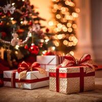 ein Weihnachten Geschenk, Weihnachten oder Geschenk Box Objekte auf Urlaub Stimmung Hintergrund im Winter. fröhlich Weihnachten Konzept durch ai generiert foto