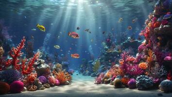 ai generiert bunt Meer Kreaturen umgeben durch beschwingt Korallen unter Wasser Wunderland foto