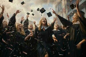 ai generiert glücklich Mädchen graduiert. Mädchen Abschluss feiern akademisch Leistung. Abschluss Kappen geworfen im das Luft. ai generiert foto