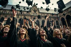 ai generiert glücklich Mädchen graduiert. Mädchen Abschluss feiern akademisch Leistung. Abschluss Kappen geworfen im das Luft. ai generiert foto