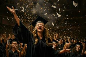 ai generiert glücklich Mädchen graduiert. Mädchen Abschluss feiern akademisch Leistung. Abschluss Kappen geworfen im das Luft. ai generiert foto