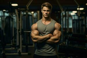 ai generiert jung Bodybuilder Mann beim Fitnessstudio, jung männlich Bodybuilder zeigen seine Körper und posieren und tun Sport Übungen im das Fitnessstudio ai generiert foto