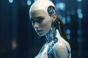 ai generiert Nahansicht schön weiblich Roboter und Mädchen Humanoid Gesicht ai generiert foto