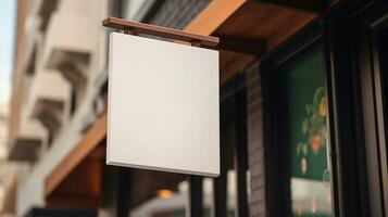 ai generiert generativ ai, Kaffee Geschäft Straße Schild spotten oben zum Logo Design, Marke Präsentation, ästhetisch stumm geschaltet neutral Farben, auf das Mauer draussen foto