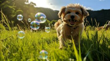 ai generiert Foto von ein spielerisch Hund jagen Luftblasen im ein üppig grün. generativ ai