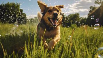 ai generiert Foto von ein spielerisch Hund jagen Luftblasen im ein üppig grün. generativ ai