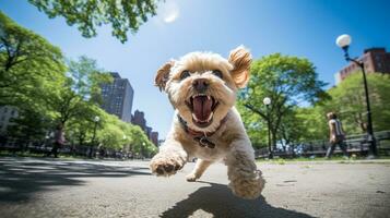 ai generiert Foto von ein glücklich Hund spielen holen im ein beschwingt urban. generativ ai