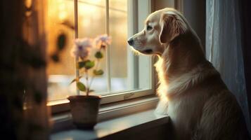 ai generiert Foto von ein treu Hund Sitzung durch das Fenster. generativ ai