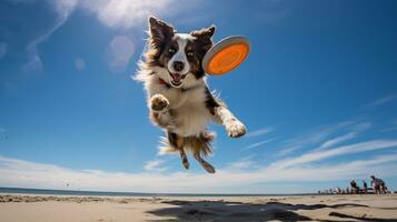 ai generiert Foto von ein sportlich Hund teilnehmen im ein Frisbeescheibe. generativ ai