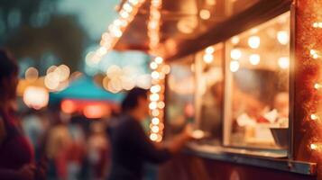 ai generiert generativ ai, Essen LKW Straße Festival, verschwommen Beleuchtung Hintergrund, atmosphärisch Bokeh, stumm geschaltet Farben foto