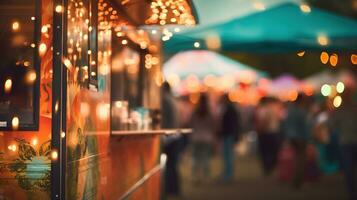 ai generiert generativ ai, Essen LKW Straße Festival, verschwommen Beleuchtung Hintergrund, atmosphärisch Bokeh, stumm geschaltet Farben foto