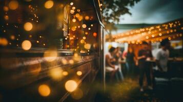 ai generiert generativ ai, Essen LKW Straße Festival, verschwommen Beleuchtung Hintergrund, atmosphärisch Bokeh, stumm geschaltet Farben foto