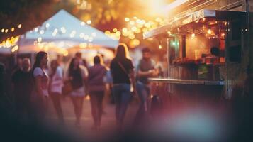 ai generiert generativ ai, Essen LKW Straße Festival, verschwommen Beleuchtung Hintergrund, atmosphärisch Bokeh, stumm geschaltet Farben foto