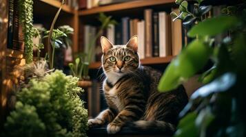 Foto von ein Katze Sitzung auf ein Bücherregal. generativ ai