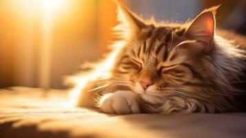 ai generiert Foto von ein Katze Nickerchen machen im ein Sonnenstrahl auf ein Sanft Teppich. generativ ai