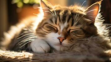 ai generiert Foto von ein Katze Nickerchen machen im ein Sonnenstrahl auf ein Sanft Teppich. generativ ai