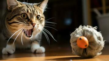 ai generiert Foto von ein Katze Schlagen beim ein Spielzeug Maus. generativ ai