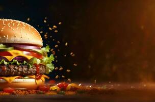 ai generiert schnell Essen Nahansicht Schuss von köstlich Rindfleisch Burger foto