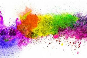 Mehrfarbig Pulver Explosion auf Weiß Hintergrund. farbig Wolke. bunt Staub explodieren. Farbe holi.abstrakt mehrfarbig Staub Spritzer auf Weiß Hintergrund foto