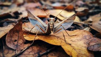 ai generiert Foto von tot Blatt Gottesanbeterin auf ein Boden. generativ ai