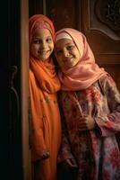 ai generiert zwei jung Mädchen tragen Kopftücher, Stehen und lächelnd in der Nähe von ein Tür foto