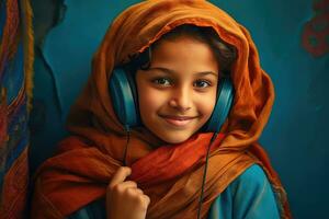 ai generiert jung Mädchen tragen Kopftuch und Hören zu Musik- mit Kopfhörer foto