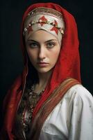 ai generiert östlichen europäisch Frau mit rot Kopftuch foto