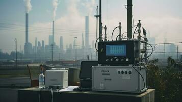 ai generiert ein Foto von ein Luft Qualität Überwachung Bahnhof im ein verschmutzt städtisch Bereich. generativ ai