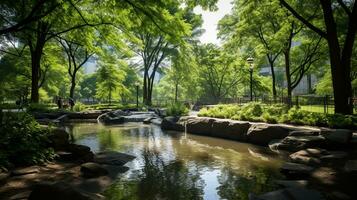 ai generiert ein Foto von ein städtisch Park Oase mit sauber Luft, Grün, und frisch Wasser Merkmale. generativ ai