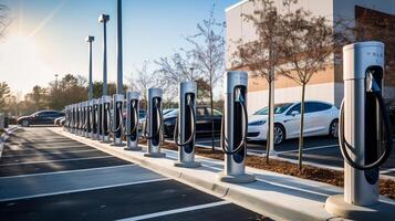 ai generiert ein Foto von ein Reihe von elektrisch Laden Stationen zum Fahrzeuge im ein Stadt Parkplatz viel. generativ ai