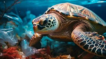 ai generiert ein Foto von ein Meer Schildkröte verstrickt im Plastik Abfall. generativ ai