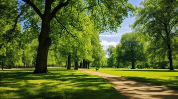 ai generiert ein Foto von ein üppig, Grün Park im das Herz von ein Stadt. generativ ai