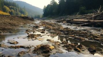 ai generiert ein Foto von ein Einmal makellos Fluss jetzt schwer betroffen durch Verschmutzung. generativ ai