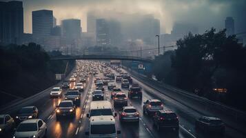 ai generiert ein Foto von ein verstopft Stadt Autobahn während eilen Stunde. generativ ai