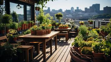 ai generiert ein Foto von ein Innenstadt Dach Garten oder städtisch Bauernhof, illustrieren Bemühungen zu reduzieren das städtisch Hitze Insel bewirken und fördern lokal Essen Produktion. generativ ai