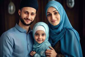 ai generiert ein Familie Trio - - Muslim Mann, Frau, und Kind foto