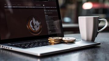 ai generiert Foto von ein Bitcoin-Thema Kaffee Tasse und Laptop. generativ ai