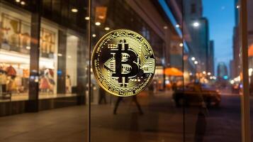 ai generiert Foto von ein Bitcoin Logo auf ein Schaufenster Fenster. generativ ai