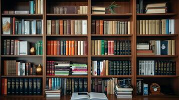 ai generiert Foto von ein finanziell Analysten Bücherregal mit Literatur. generativ ai