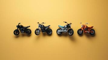 ai generiert schön Anordnung von Miniatur von fünf Motorräder auf Tisch. generativ ai foto