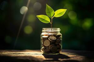 ai generiert ein jung Pflanze Sprossen von ein klar Krug gefüllt mit Münzen, aalen im das Sonne Strahlen, symbolisieren das Konzept von Ersparnisse führen zu Wachstum und finanziell Erfolg. foto