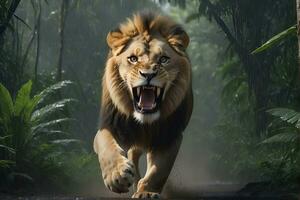 ai generiert Löwen Attacke, realistisch Bilder von wild Tier Anschläge foto