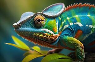 ai generiert Nahansicht Foto exotisch Reptil von Chamäleon mit verschiedene Farben von Natur